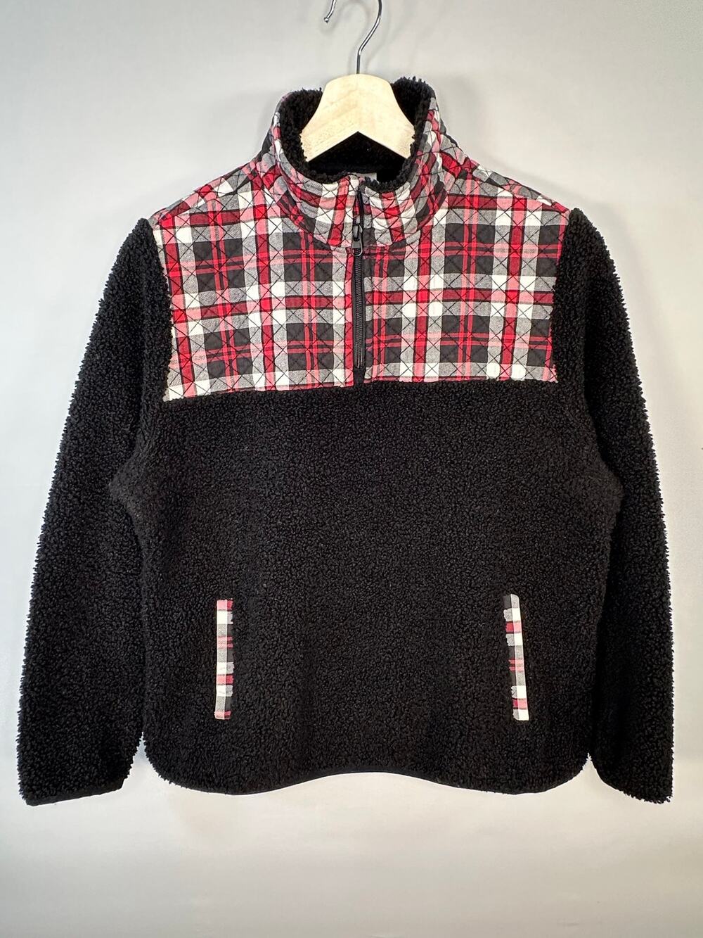 Vera Bradley Black Quarter Zip Sherpa Pullover Jacket with Plaid Yoke Size LG